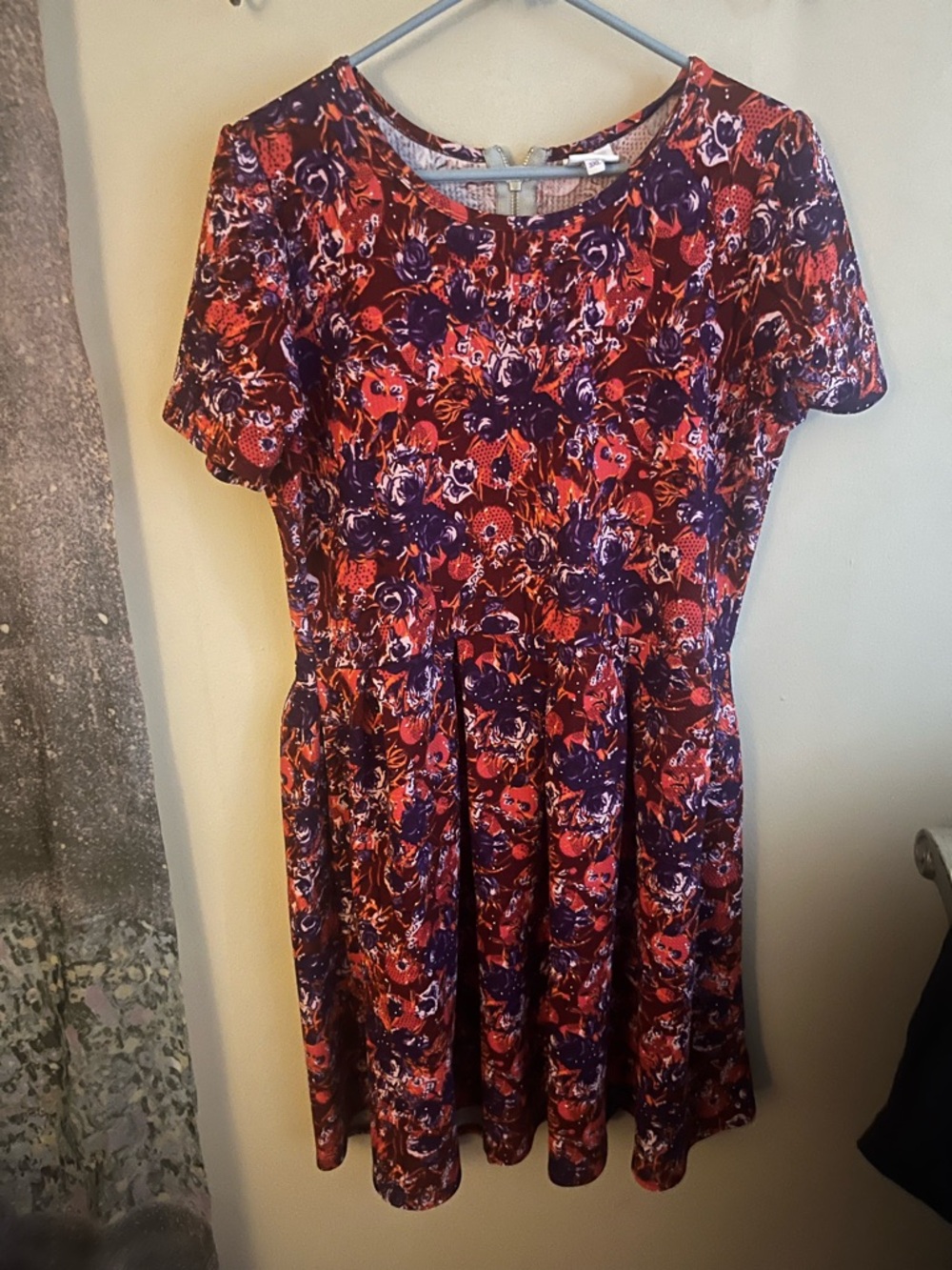 LuLaRoe Short-Sleeve Floral Mini Dress in Red and Purple 3X